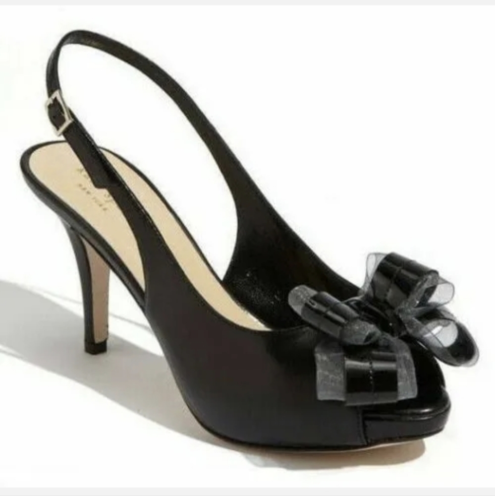 Kate Spade Billow Bow Black Leather Slingback Pumps.